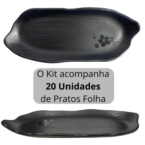 Imagem de Kit 20 Pratos Travessa Formato Folha Kanpai para Restaurante Japones Sushi Melamina Premium  Bestfer 