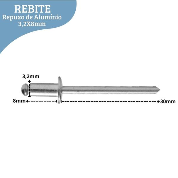 Imagem de Kit 20 Rebite Pop Repuxo 3,2X8mm De Alumínio Fixação Metal Chapa Portõe Grade Mecânica Serralheira