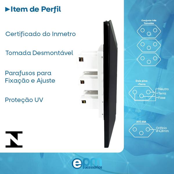 Imagem de Kit 20 Tomada Tripla 2p+t 10A Com Placa Espelho Linha Black Dubai Bivolt 127v e 250v