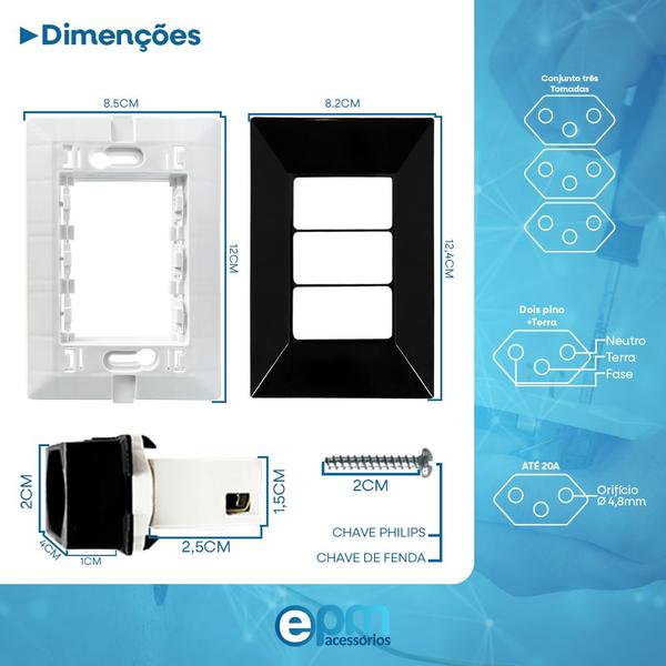 Imagem de Kit 20 Tomada Tripla 2p+t 20A Com Placa Espelho Black Linha Dubai Bivolt 127v e 250v