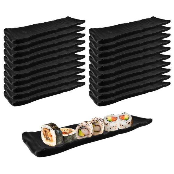 Imagem de Kit 20 Travessa Pratos Estriada para Sushi e Sashimi em Melamina Preta  Bestfer 