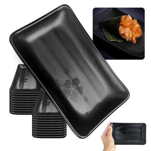 Imagem de Kit 20 Travessas Pratos Retangulares Pretos para Petiscos e Sushi 17,8 Cm para Restaurante Melamina Premium  Bestfer 