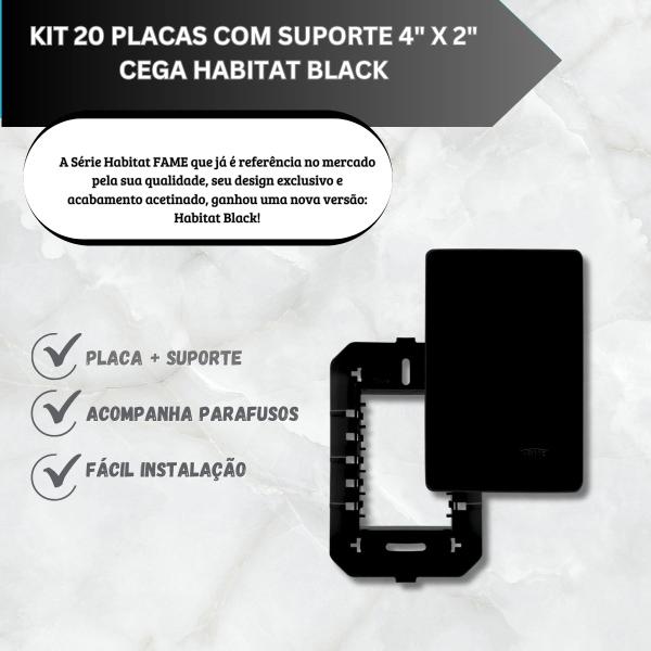 Imagem de Kit 20 Unidades Placa Cega 4 X 2 Preto Com Suporte - FAME