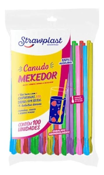 Imagem de Kit 200 Canudo Colher Mexedor Colorido Strawplast