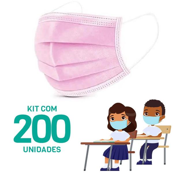 Imagem de Kit 200 Máscaras Descartáveis para Crianças - Cor Rosa