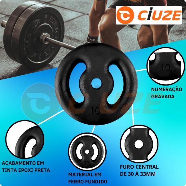 Imagem de Kit 20kg 8 Anilhas De Ferro + Barras e Presilhas Fitness