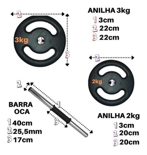 Imagem de Kit 20Kg Anilha/ Halteres De Ferro Premium + Barra Oca