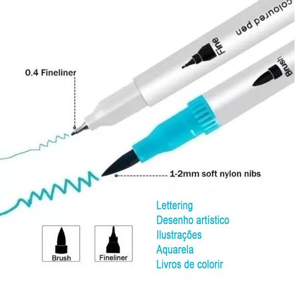 Imagem de Kit 24 Caneta 2 em 1 Brush Lettering e Ponta Fina Dual Pen Canetinha Colorir Desenho