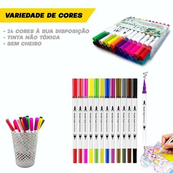 Imagem de Kit 24 Canetas Ponta Dupla Brush Pincel Canetinha Desenhar Pintura Escolar Material Artes - CLOCK