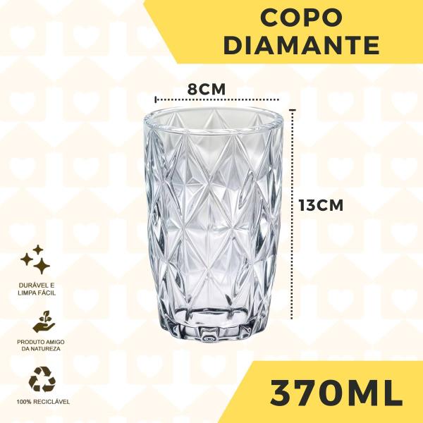 Imagem de Kit 24 Copos Diamante Resistente De Vidro 370 ML Transparentes