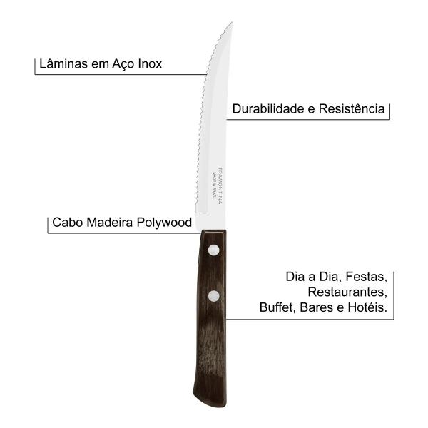 Imagem de Kit 24 Facas de Churrasco Tramontina Polywood Inox Cabo Castanho