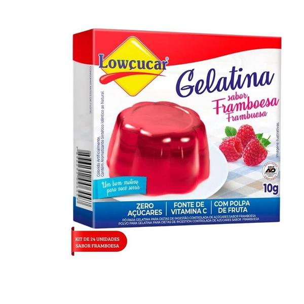 Kit 24 gelatina framboesa zero acucar baixo teor de sodio nao contem gluten lowcucar 10g - Lowçucar Imagem de Kit 24 gelatina framboesa zero acucar baixo teor de sodio nao contem gluten lowcucar 10g