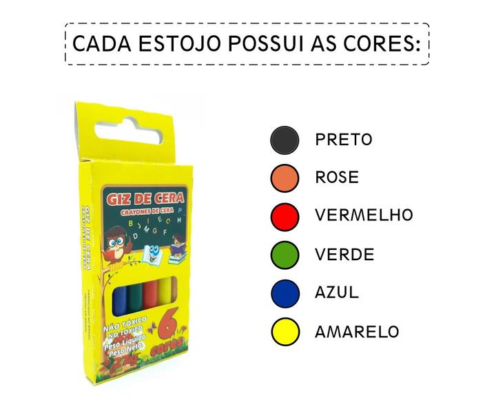 Imagem de Kit 24 Giz De Cera 6 Cores Escolar Infantil Revenda Atacado