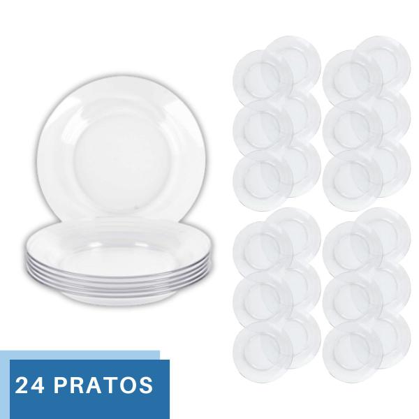 Imagem de Kit 24 Pratos de Vidro Luxo Liso Mesa Posta Resistente