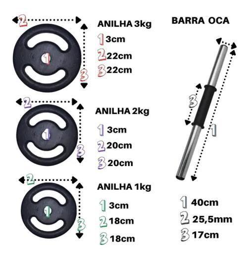 Imagem de Kit 24Kg Anilha/ Halteres De Ferro Premium + Barra Oca