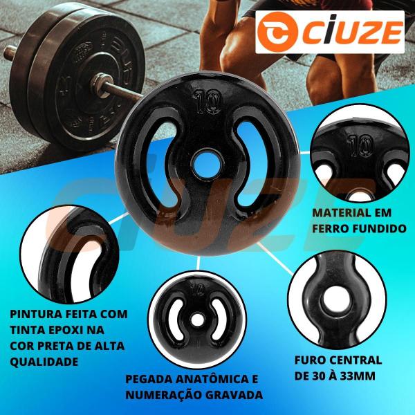 Imagem de Kit 24Kg Anilhas Emborrachadas Pretas com Barras de 40cm e 1,20m + Barra W 1,20m