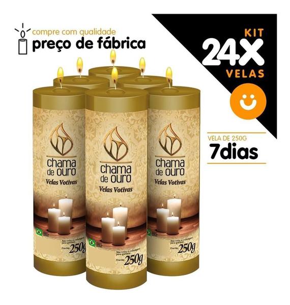 Kit 24x Vela De 7 Dias Atacado 250g Velas Na Cor Dourada - Chama de Ouro Imagem de Kit 24x Vela De 7 Dias Atacado 250g Velas Na Cor Dourada