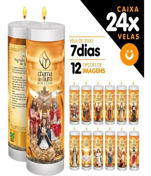 Kit 24x Vela De 7 Dias Velas C/ Imagem Oração Várias Opcoes - Chama de Ouro Imagem de Kit 24x Vela De 7 Dias Velas C/ Imagem Oração Várias Opcoes