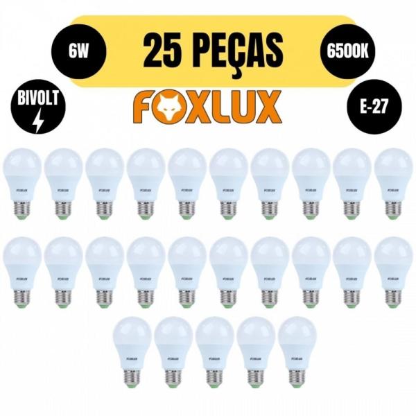 Imagem de Kit 25 lampada led bulbo a60 6w e27 6500k branca bivolt foxlux