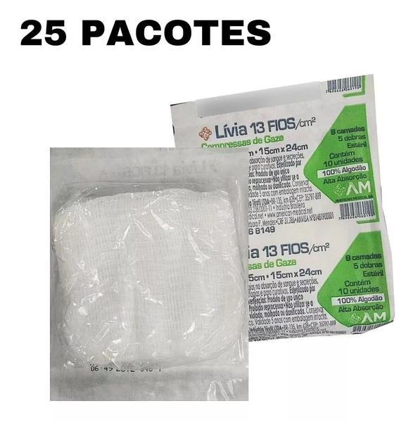 Imagem de Kit 25 Pacotes Compressa De Gaze Macio Para Ferimentos 7,5x7,5cm