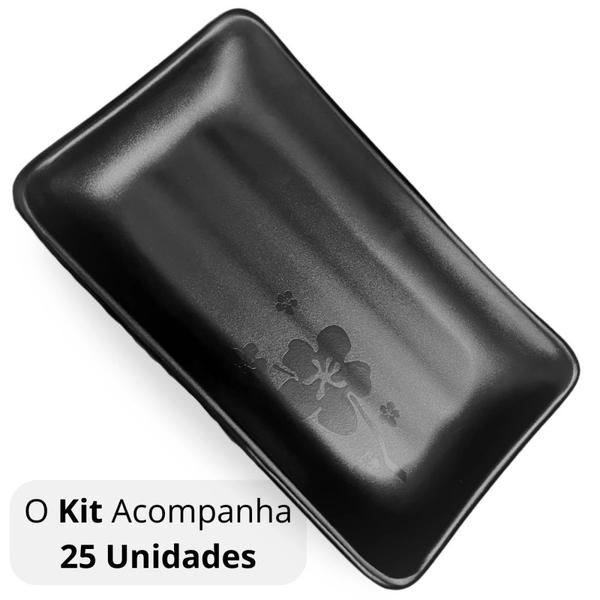 Imagem de Kit 25 Travessas Pratos Retangulares Pretos para Petiscos e Sushi 17,8 Cm para Restaurante Melamina Premium  Bestfer 