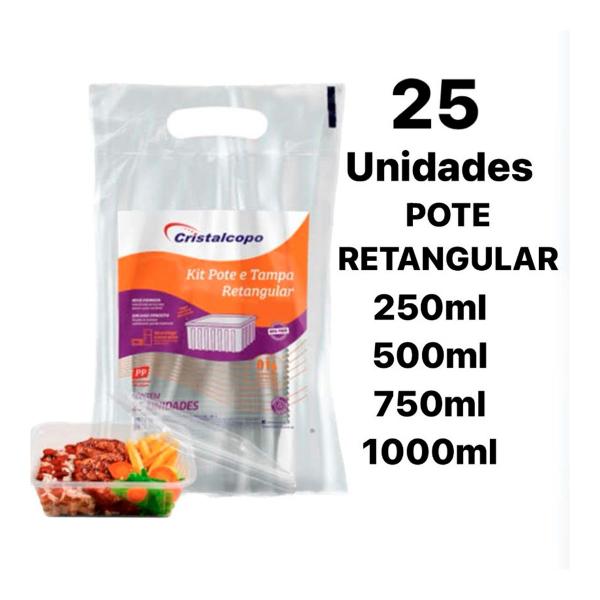 Imagem de Kit 25 Unid. Pote Plastico Retangular Descartável CRISTALCOPO 250 / 500 / 750 / 1000ml Microondas/ Freezer Marmita Fit