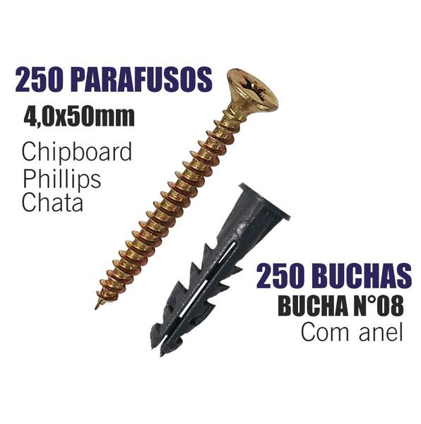 Imagem de Kit 250 Parafusos Chipboard C/bucha 8mm Anel- total 500 pçs