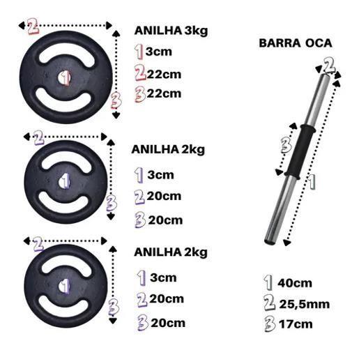 Imagem de Kit 28Kg Anilha/ Halteres De Ferro Premium + Barra Oca