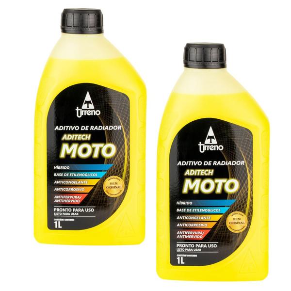 Imagem de Kit 2L Aditivo Radiador Moto Amarelo Pronto Uso Original Tirreno aprovado Honda Yamaha Suzuki BMW Dafra Kawasaki Triumph Ducati Harley-Davidson