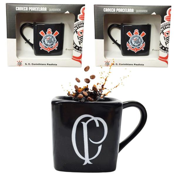 Imagem de Kit 2Un Caneca Porcelana Xícara Quadrada 220ml Café Preto Corinthians Oficial