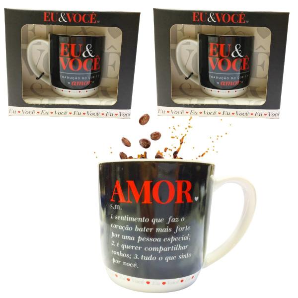 Imagem de Kit 2Un Caneca Preta Porcelana 300ml Café Eu e Você Dizeres Amor Presente Dia dos Namorados