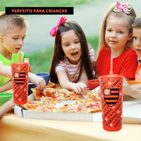 Imagem de Kit 2Un Copo Plástico Vermelho Preto Com Tampa Canudo 500ml Infantil Bebidas Flamengo Oficial