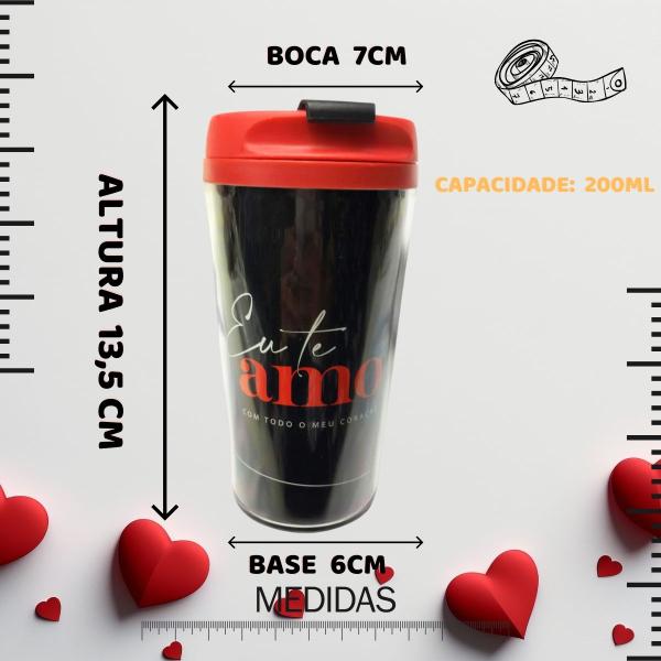 Imagem de Kit 2Un Copo Viagem Térmico Plástico Preto Smart 200ml Café Eu Te Amo Presente Dia Namorados