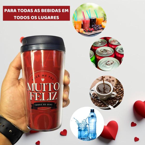 Imagem de Kit 2Un Copo Viagem Térmico Plástico Vermelho Smart 200ml Café Você Me Faz Muito Feliz Presente