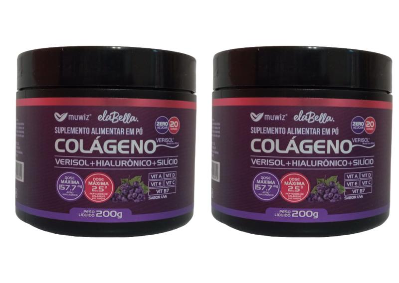 Imagem de Kit 2x Colágeno Verisol + Hialurônico + Silicio em Pó 200g Muwiz Sabor Uva