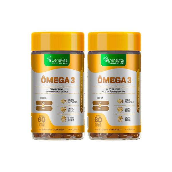 Imagem de Kit 2x Frascos de Ômega 3, Epa + Dha, 3x1 - 1000mg - Suplemento Alimentar, 120 Capsulas - Denavita