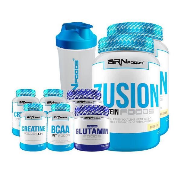 Imagem de KIT 2x Fusion Protein 900g + 2x BCAA 100g + 2x Creatina 100g+ 2x Glutamina 250g + Coqueteleira - BRN Foods