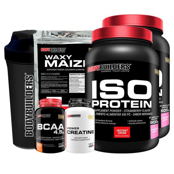 Imagem de Kit 2x Iso Protein 900g + BCAA 100g + Power Creatina 100g + Waxy Maize 800g + Coqueteleira - Bodybuilders