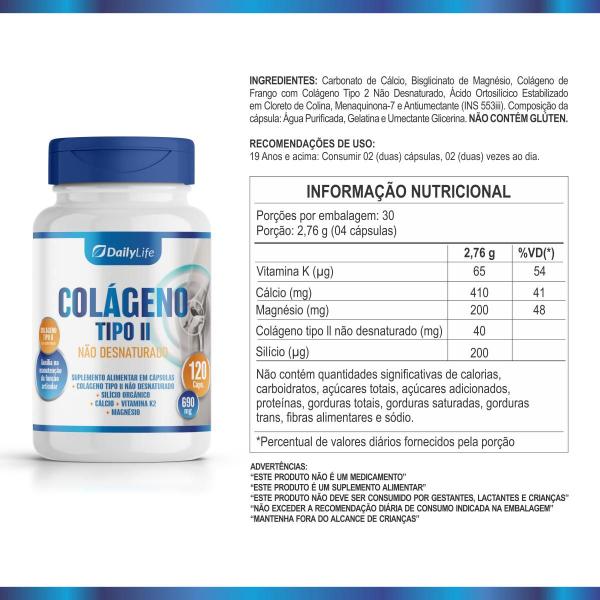 Imagem de Kit 2x Suplemento de Colágeno Tipo II Não Desnaturado com Cálcio, Vitamina K2, Magnésio e Silício  120 Cápsulas