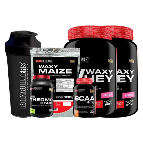 Imagem de KIT 2x Waxy Whey 900g + BCAA 100g Tangerina + Thermo Start Powder 120g + Waxy Maize 800g + Coqueteleira - Bodybuilders