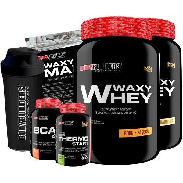 Imagem de KIT 2x Waxy Whey 900g + BCAA 100g Tangerina + Thermo Start Powder 120g + Waxy Maize 800g + Coqueteleira - Bodybuilders