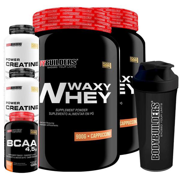 Imagem de Kit 2x Waxy Whey Protein 900g + 2x Power Creatina 100g + BCAA 4,5 100g + Coqueteleira - Bodybuilders