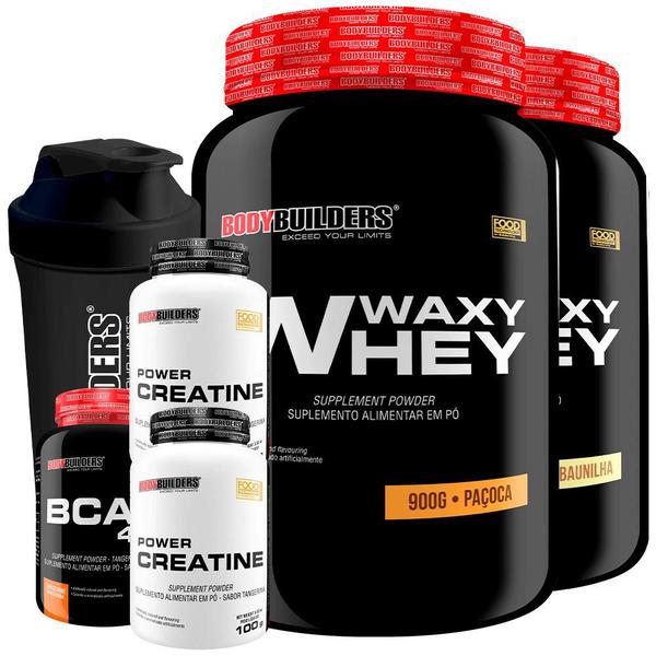 Imagem de Kit 2x Waxy Whey Protein 900g + 2x Power Creatina 100g + BCAA 4,5 100g + Coqueteleira - Bodybuilders