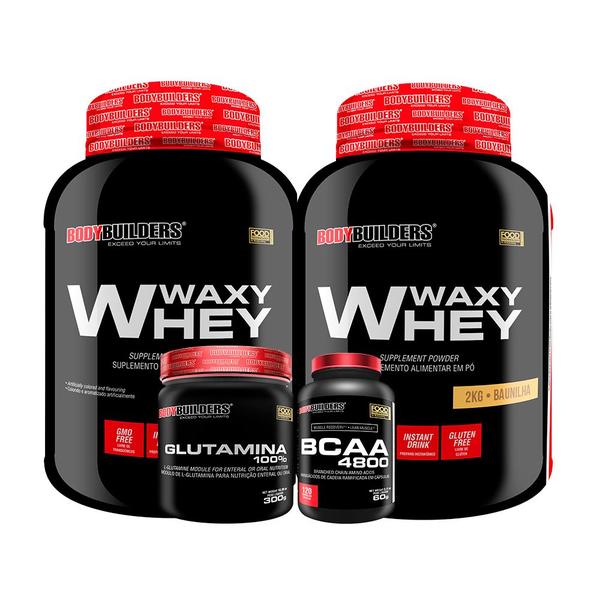 Imagem de KIT 2x Whey Protein Waxy Whey 2kg + Glutamina 300g + BCAA 4800 120 Cápsulas - Bodybuilders