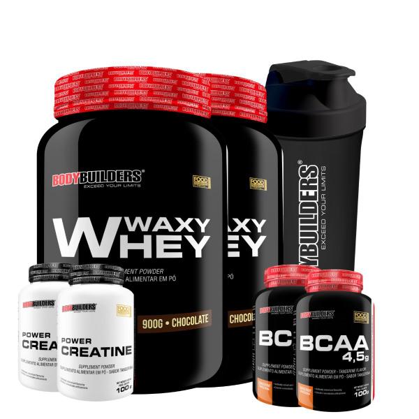 Kit 2x Whey Protein Waxy Whey Pote 900g + 2x BCAA 100g Tangerina + 2x Power Creatina 100g ...