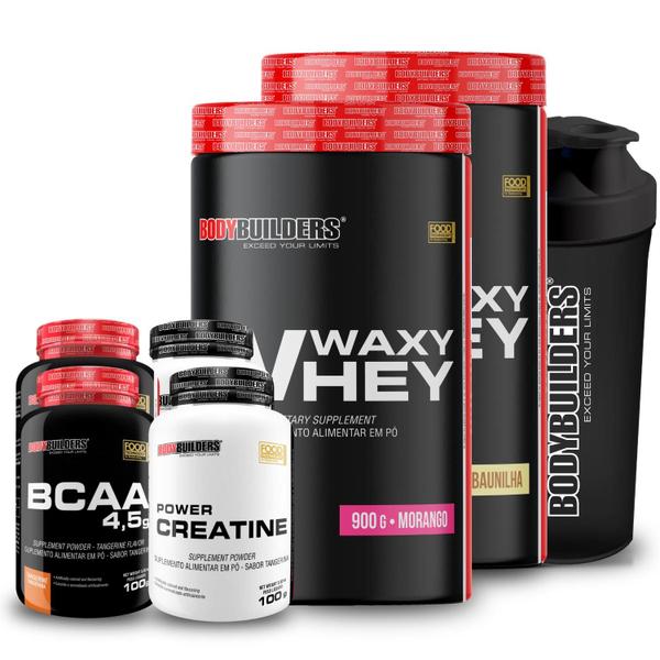 Kit 2x Whey Protein Waxy Whey Pote 900g + 2x BCAA 100g Tangerina + 2x Power Creatina 100g ...