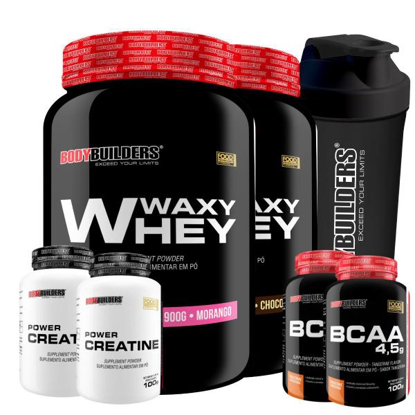 Kit 2x Whey Protein Waxy Whey Pote 900g + 2x BCAA 100g Tangerina + 2x Power Creatina 100g ... Kit 2x Whey Protein Waxy Whey Pote 900g + 2x BCAA 100g Tangerina + 2x Power Creatina 100g ...