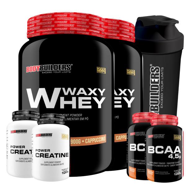 Imagem de Kit 2x Whey Protein Waxy Whey Pote 900g + 2x BCAA 100g Tangerina + 2x Power Creatina 100g + Coqueteleira 600ml- Bodybuilders