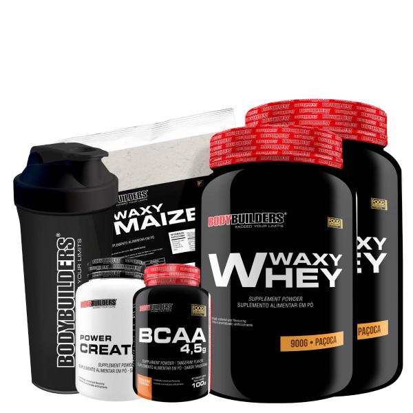 Imagem de Kit 2x Whey Protein Waxy Whey Pote 900g + BCAA 100g + Power Creatina 100g + Waxy Maize 800g + Coqueteleira 600 ml - Aumento de Massa Muscular 