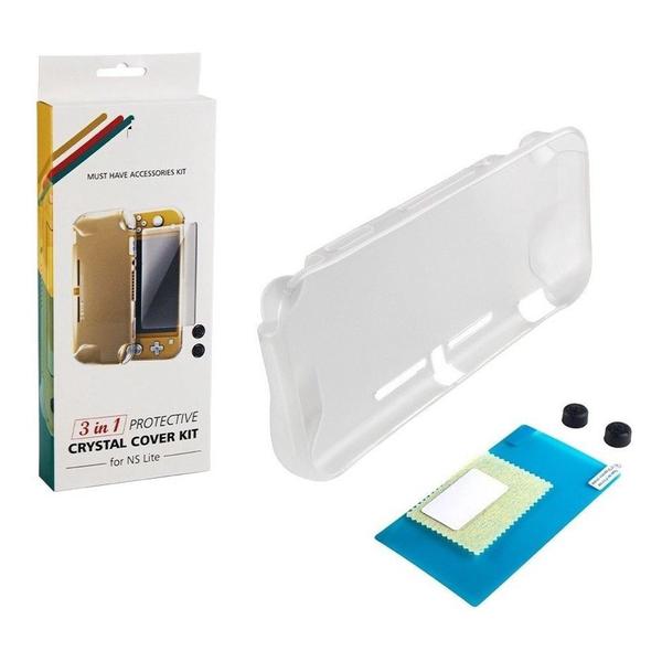 Imagem de Kit 3 Acessórios em 1 Capa Case Transparente Silicone Compatível com Switch Lite + Película Vidro + 2 Grips Analógico